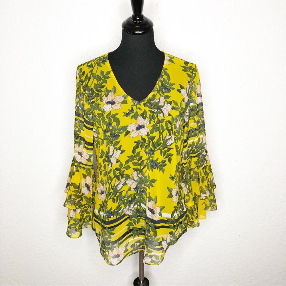 Cabi yellow and pink sheer floral top with ruffled bell sleeves size Small #5518